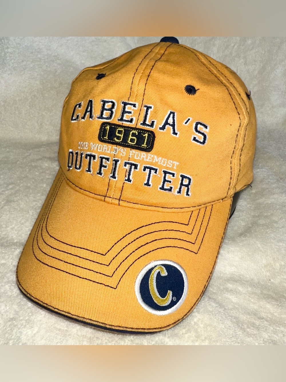 Cabelas Hat Mens Yellow 1961 Worlds Foremost Outfitter Vintage Gorpcore Cap OSFM